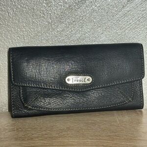 Vintage Fossil Olivia Envelop Flap Clutch Black Leather Wallet